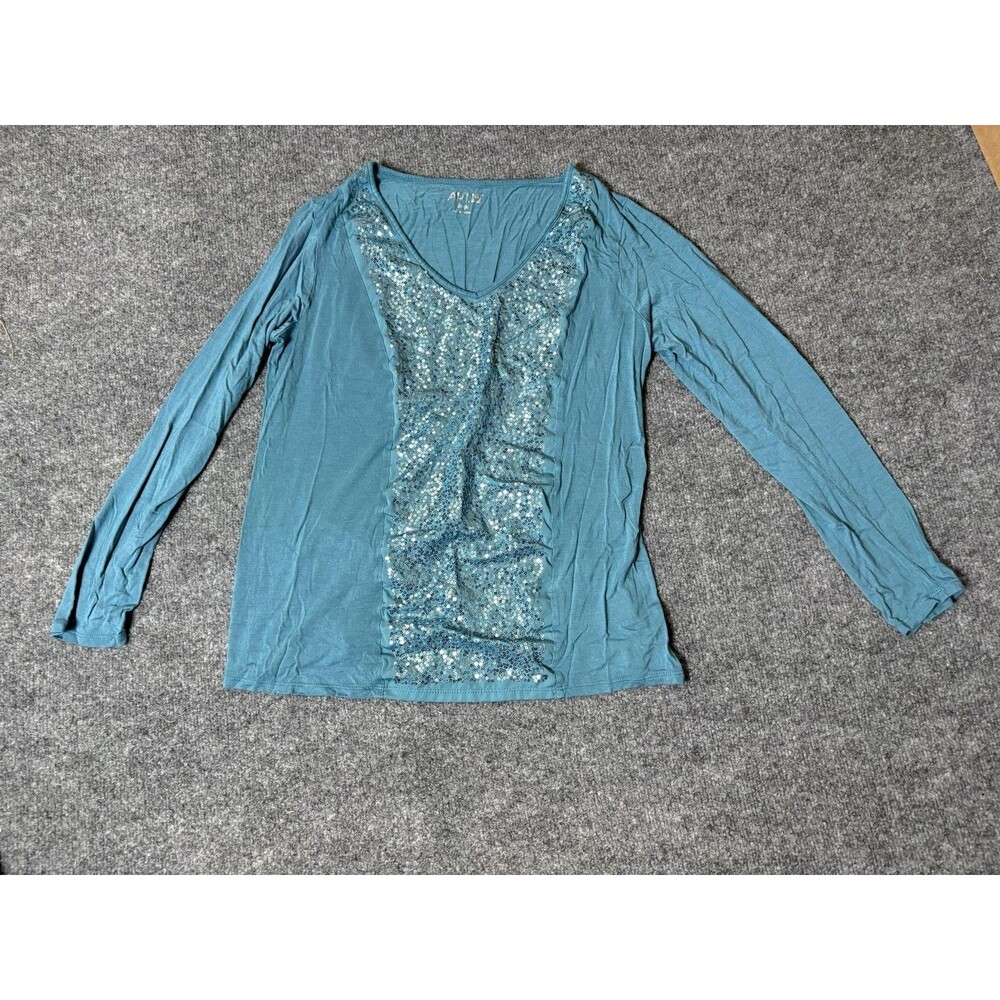 APT. 9 Shirt Womens L Blue V Neck Sequin Front Long Sleeve Jersey Casual Top